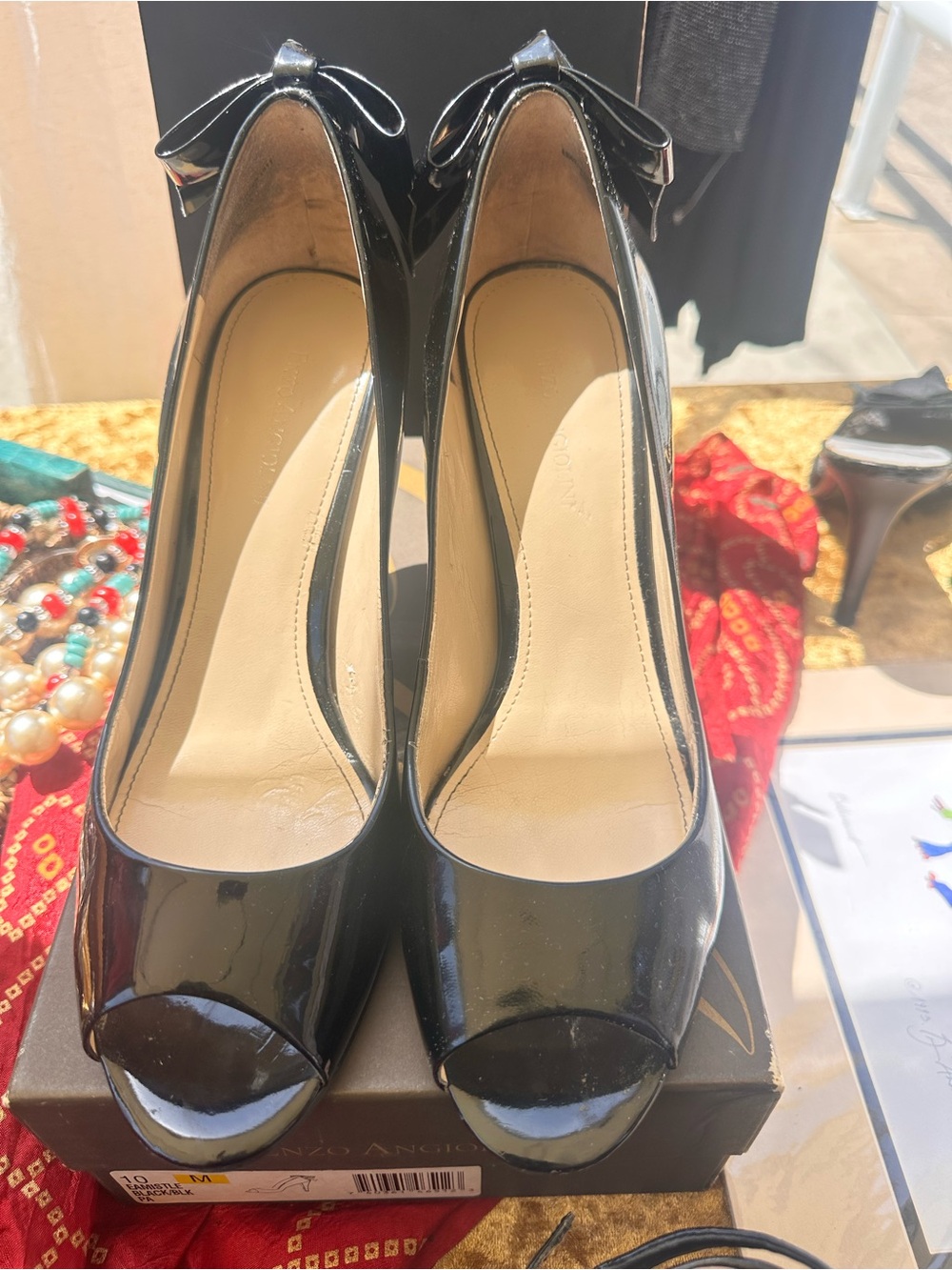 Enzo Angiolini Black Patent Peep-Toe Heels with Bow Accent